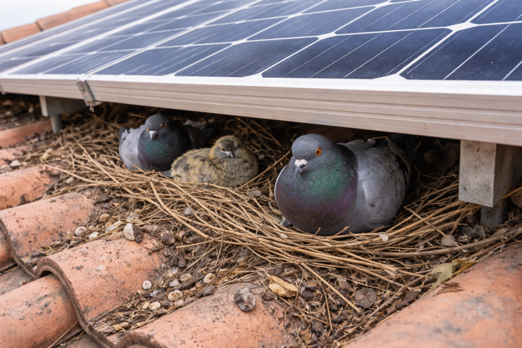 pigeons nesting under solar panels on a tiled roof