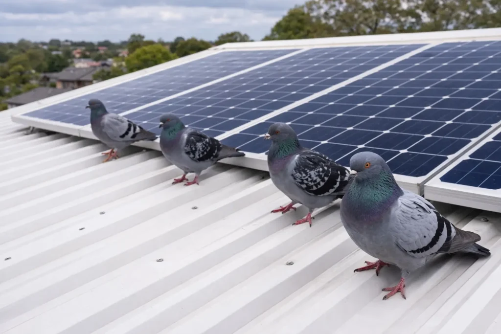 Pigeons gathered beside rooftop solar panels on a metal roof in Brisbane highlighting common bird nesting problems around solar systems