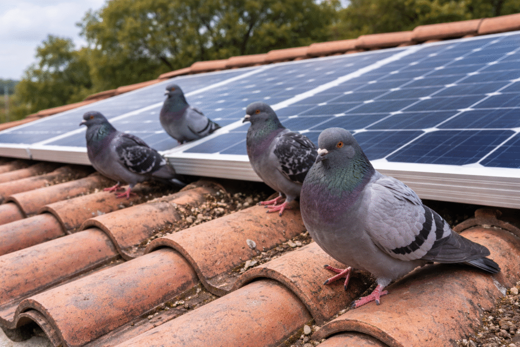 pigeons nesting under solar panels on a Brisbane home roof