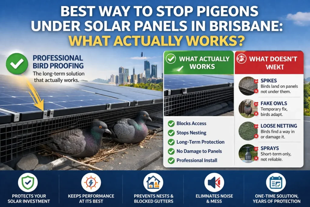 Best way to stop pigeons under solar panels in Brisbane with professional bird proof mesh installation