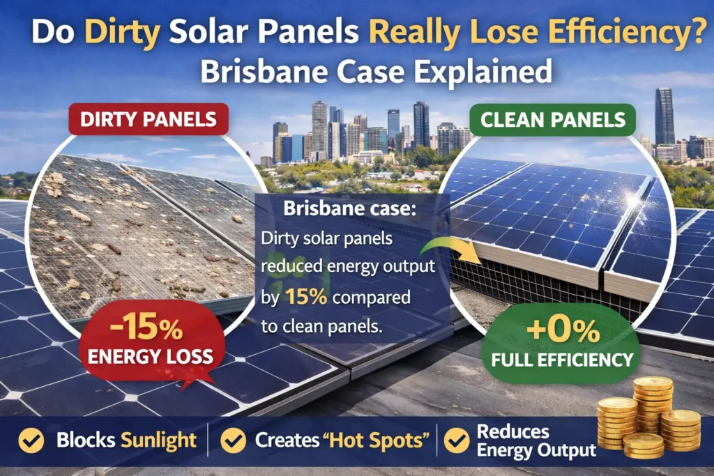Dirty vs clean solar panels showing efficiency loss and reduced energy output from solar panel dirt buildup in Brisbane