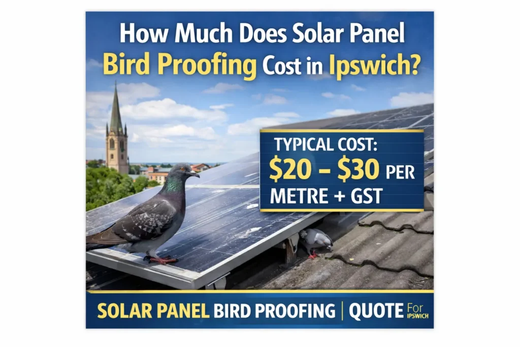 Solar panel bird proofing cost in Ipswich guide showing typical bird proofing pricing for solar panels