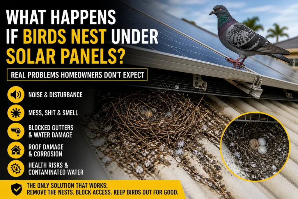 Bird nest under solar panels showing the risks of pigeons nesting beneath rooftop solar systems