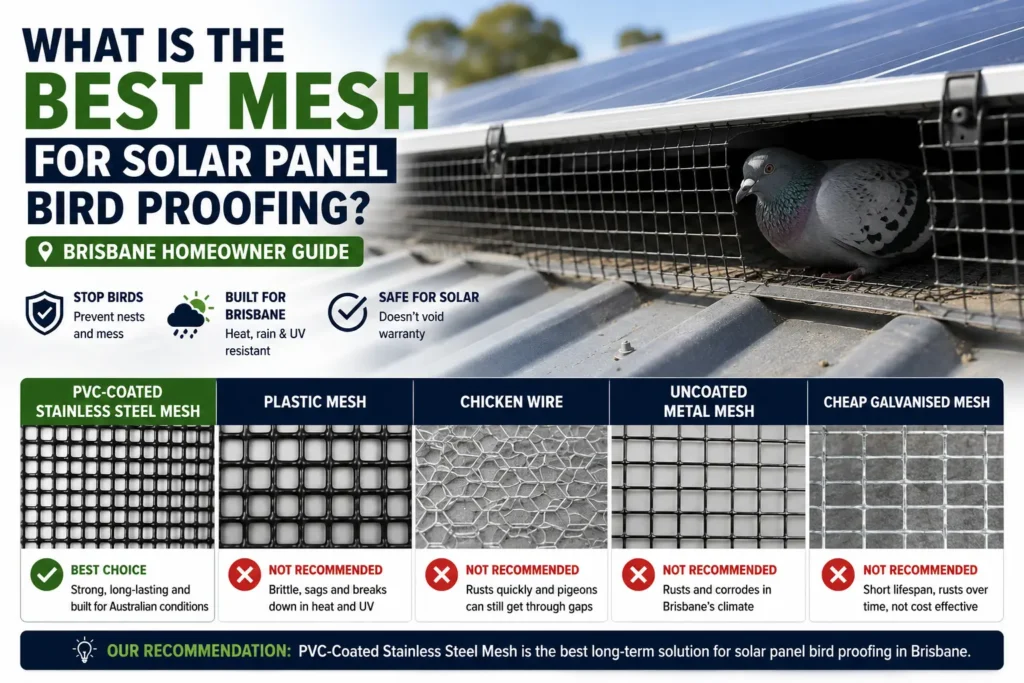 Infographic comparing solar panel bird proofing mesh options, showing why PVC-coated stainless steel mesh is the best long-term solution for Brisbane homes compared to plastic mesh, chicken wire, uncoated metal mesh and cheap galvanised mesh.