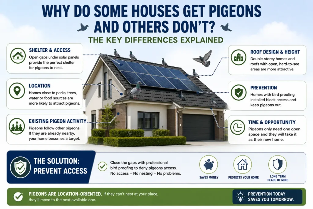 Infographic explaining why some houses get pigeons under solar panels, including access gaps, nearby pigeon activity, roof height, location and bird proofing prevention.