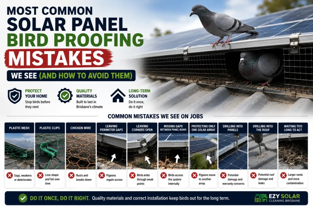 Most common solar panel bird proofing mistakes infographic showing common installation errors like plastic mesh, chicken wire, open gaps and poor installation methods on Brisbane homes.