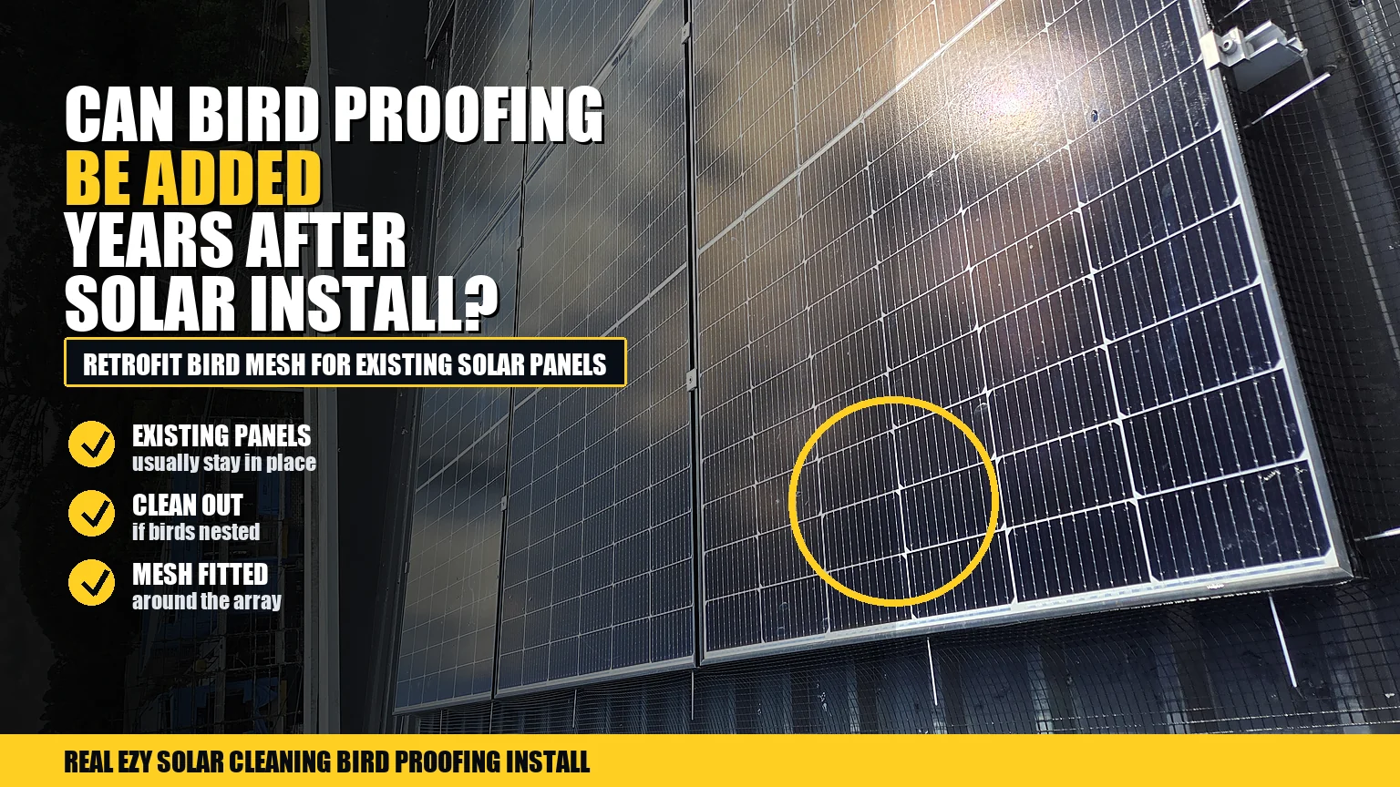Rooftop solar panels with black bird mesh installed around an existing system and infographic text about adding bird proofing later