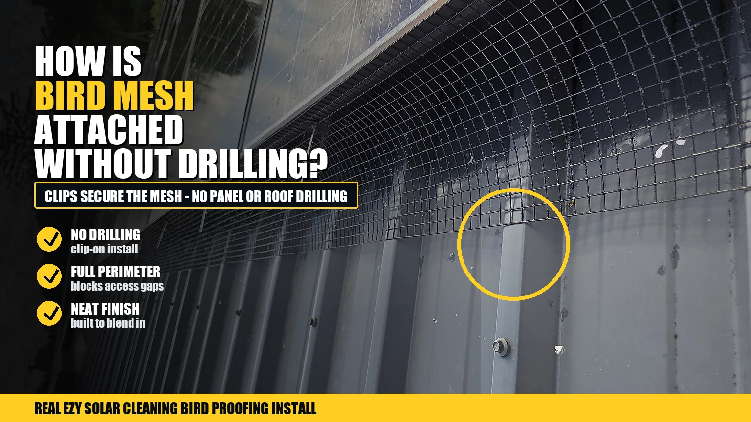 Infographic over a real rooftop solar panel bird mesh installation showing no-drill mesh attachment along the panel edge