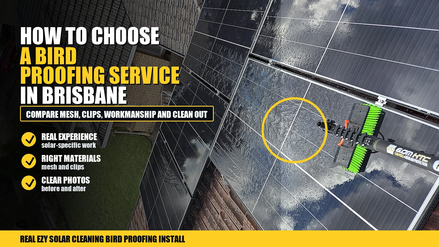 Real solar panel bird proofing installation with black mesh and infographic advice about choosing a Brisbane bird proofing service