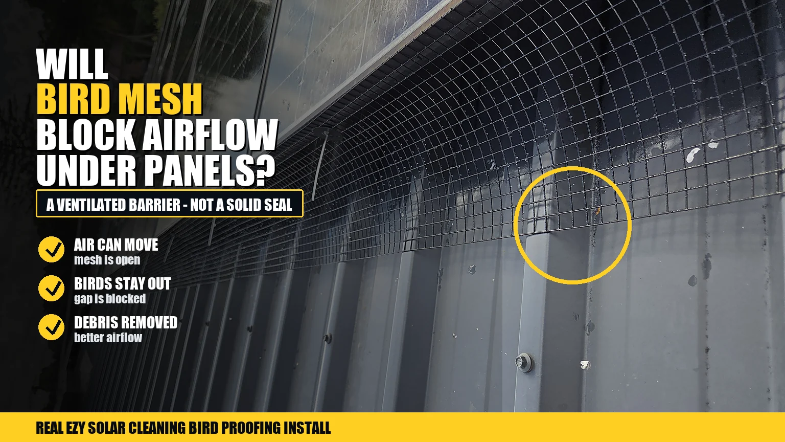 Real solar panels with black bird proofing mesh fitted around the edge and infographic callouts about airflow under panels