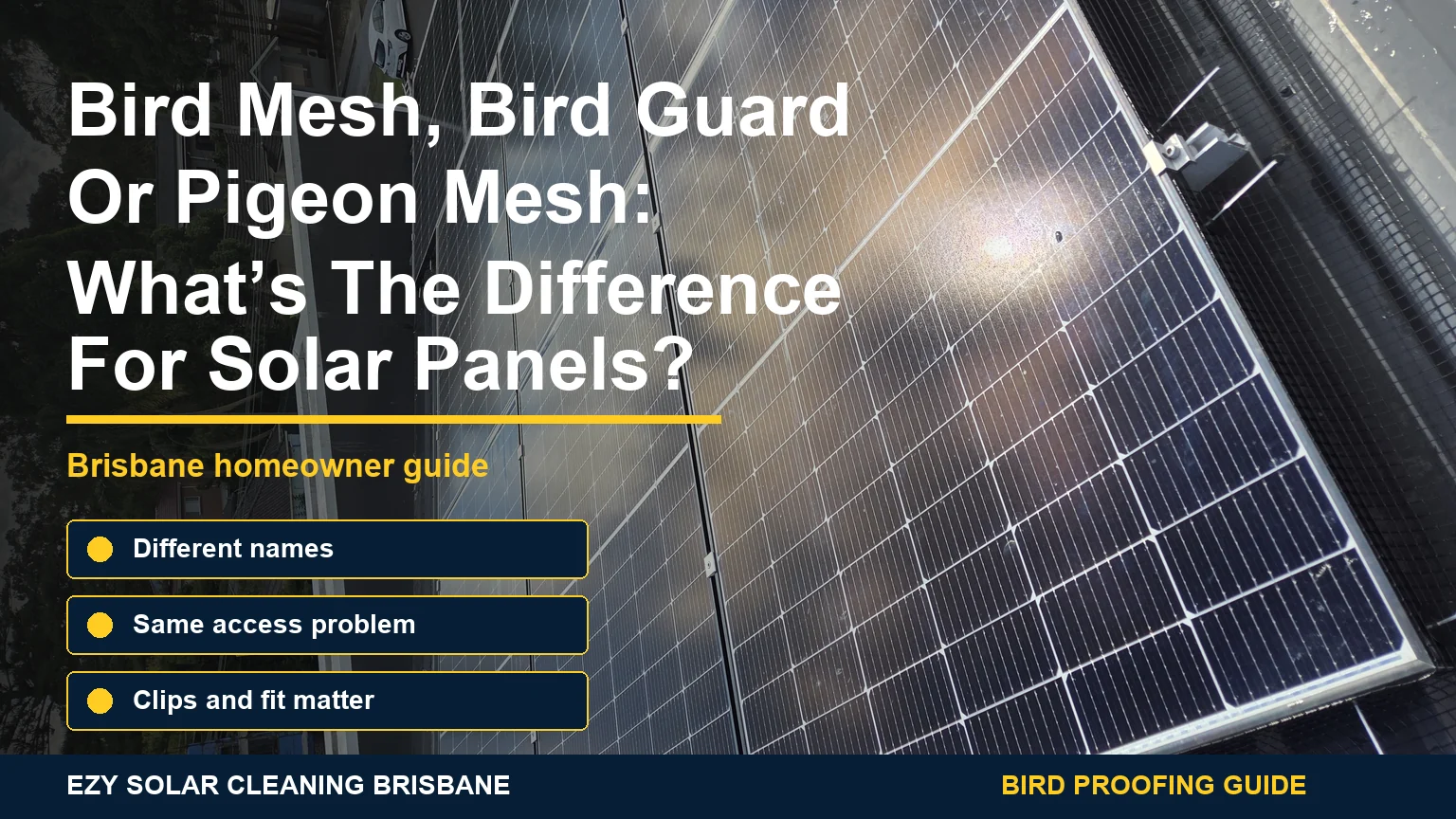 Close up of solar panel bird mesh with infographic callouts explaining bird guard and pigeon mesh terms