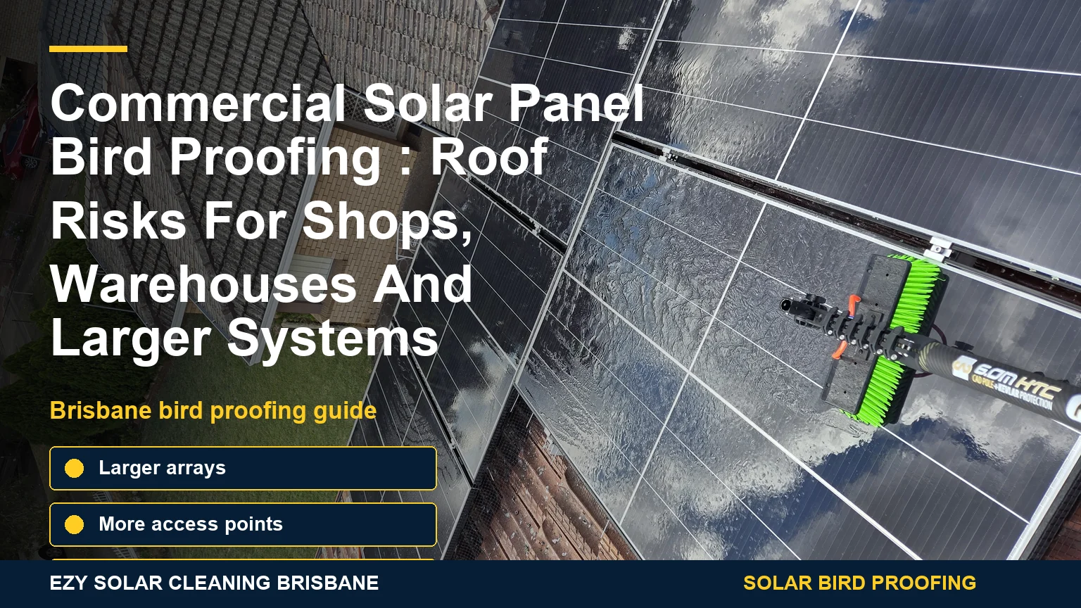 Commercial solar panel bird proofing Brisbane infographic with mesh and larger roof system
