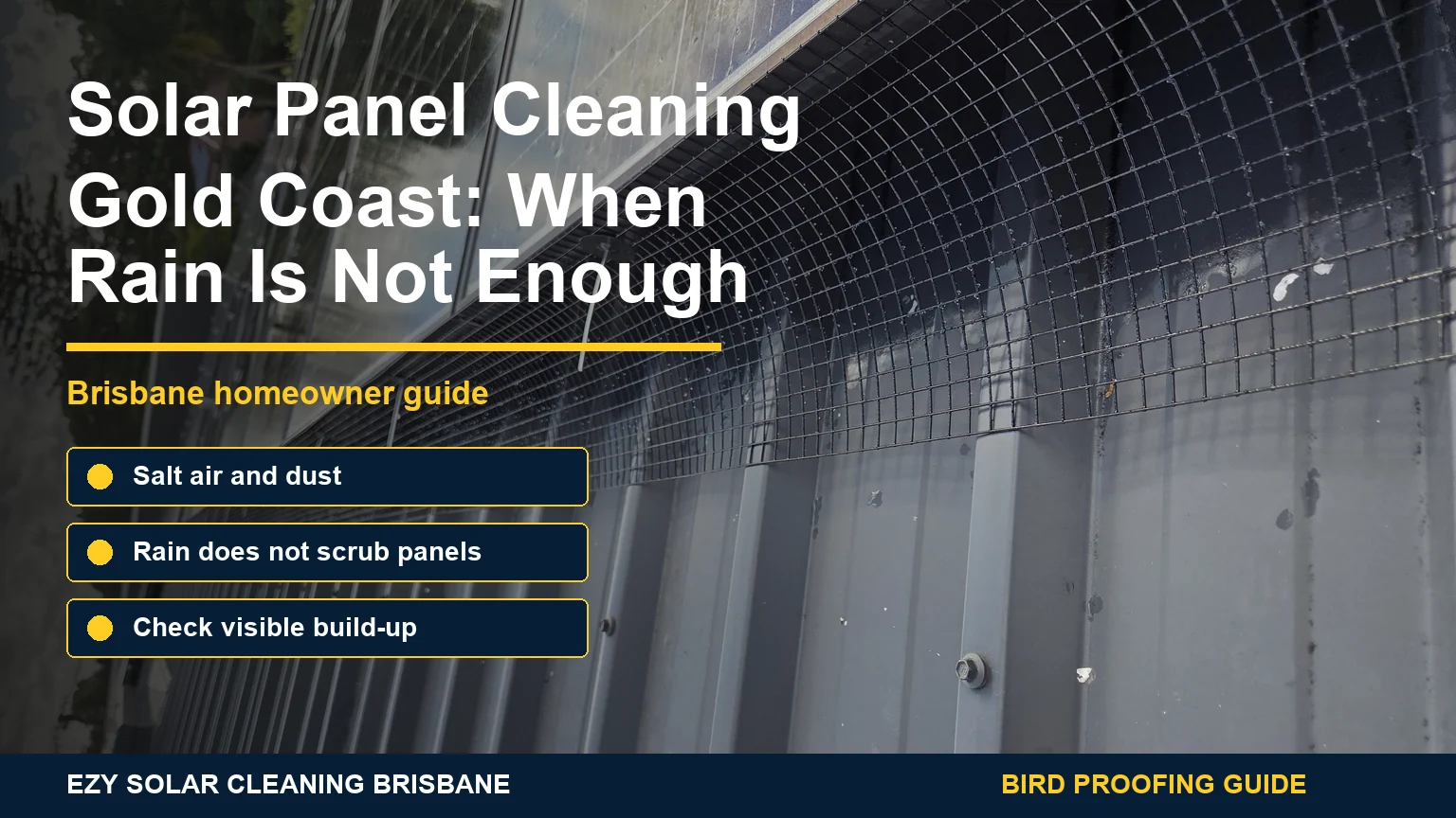 Gold Coast solar panel cleaning infographic over a real rooftop solar panel photo with callouts about rain and grime
