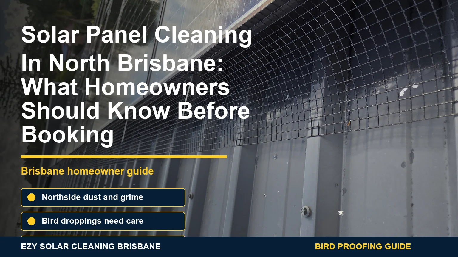 Real Brisbane rooftop solar panels with infographic callouts about solar panel cleaning in North Brisbane
