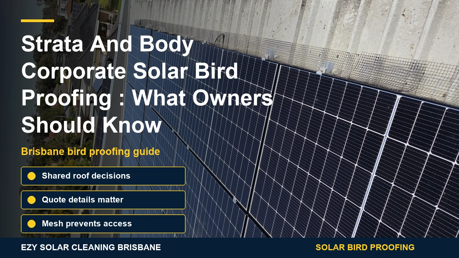 Brisbane strata solar panels with bird proofing mesh infographic overlay