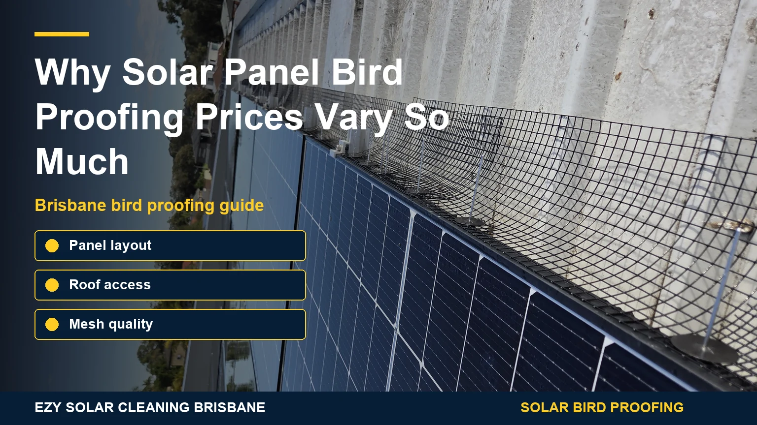 Brisbane solar bird proofing price factors infographic over real solar panel mesh photo